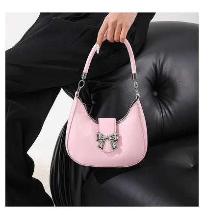 Women’s Bow-Adorned Chain Shoulder Bag - Crossbody Purse with Detachable Strap