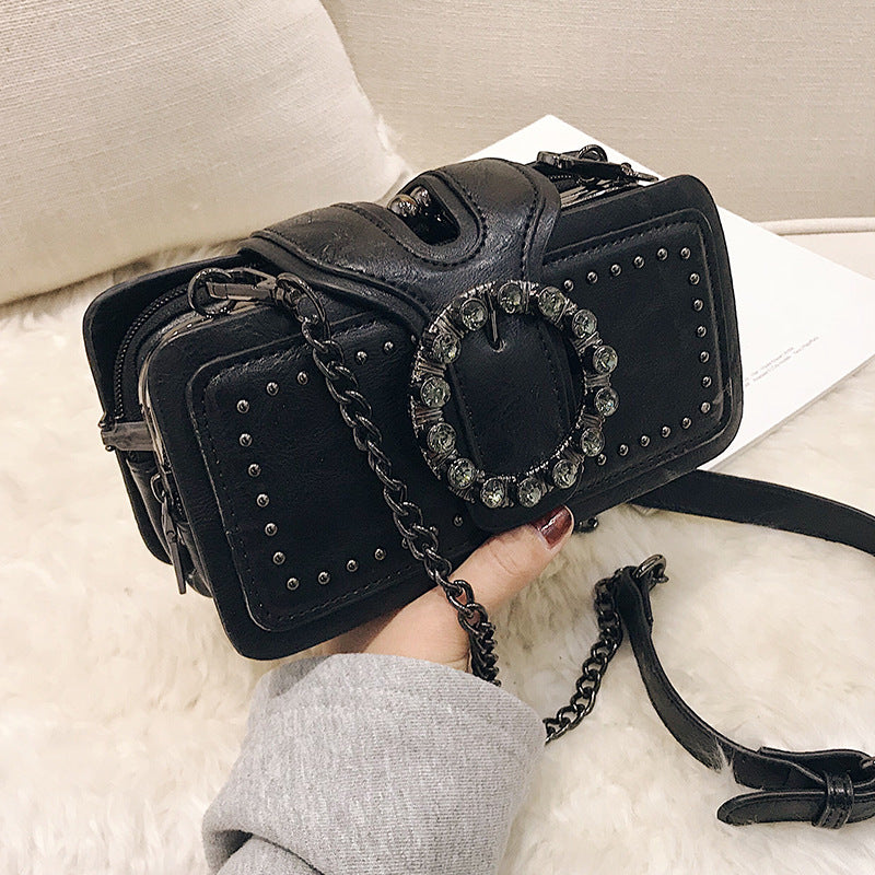 Women’s Vintage Rhinestone Chain Crossbody Bag - Mini Square Purse with Magnetic Closure