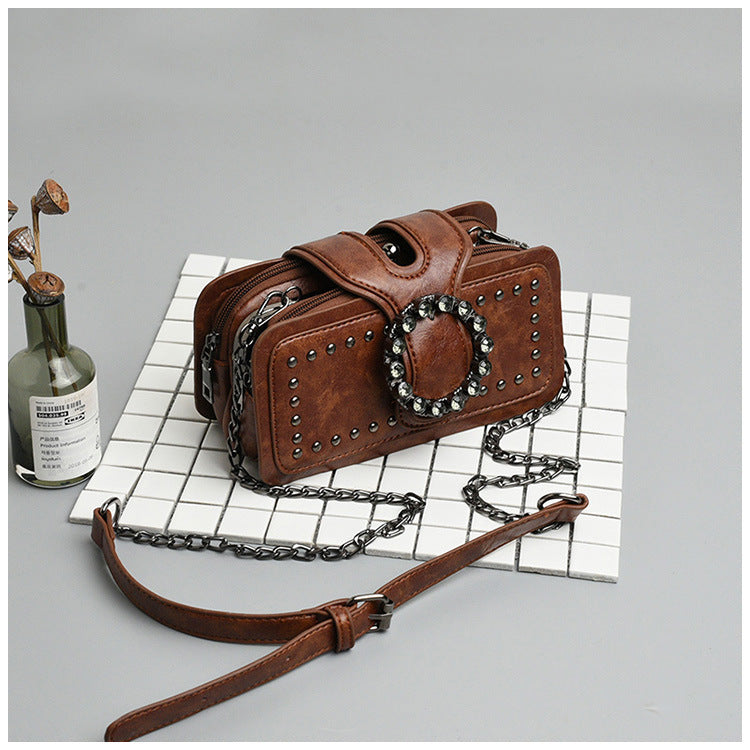 Women’s Vintage Rhinestone Chain Crossbody Bag - Mini Square Purse with Magnetic Closure