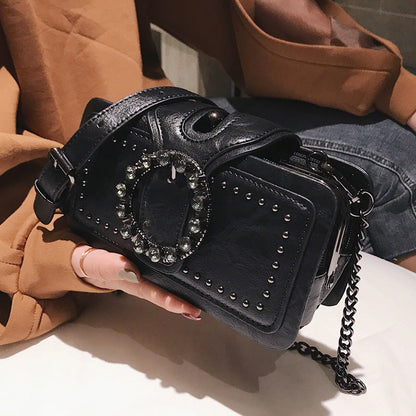 Women’s Vintage Rhinestone Chain Crossbody Bag - Mini Square Purse with Magnetic Closure
