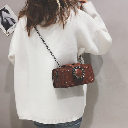 Women’s Vintage Rhinestone Chain Crossbody Bag - Mini Square Purse with Magnetic Closure